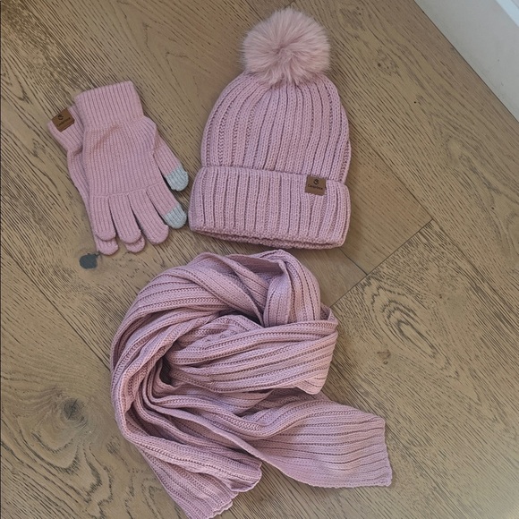 None Accessories - Pink Knit Hat, Scarf, and Gloves Set